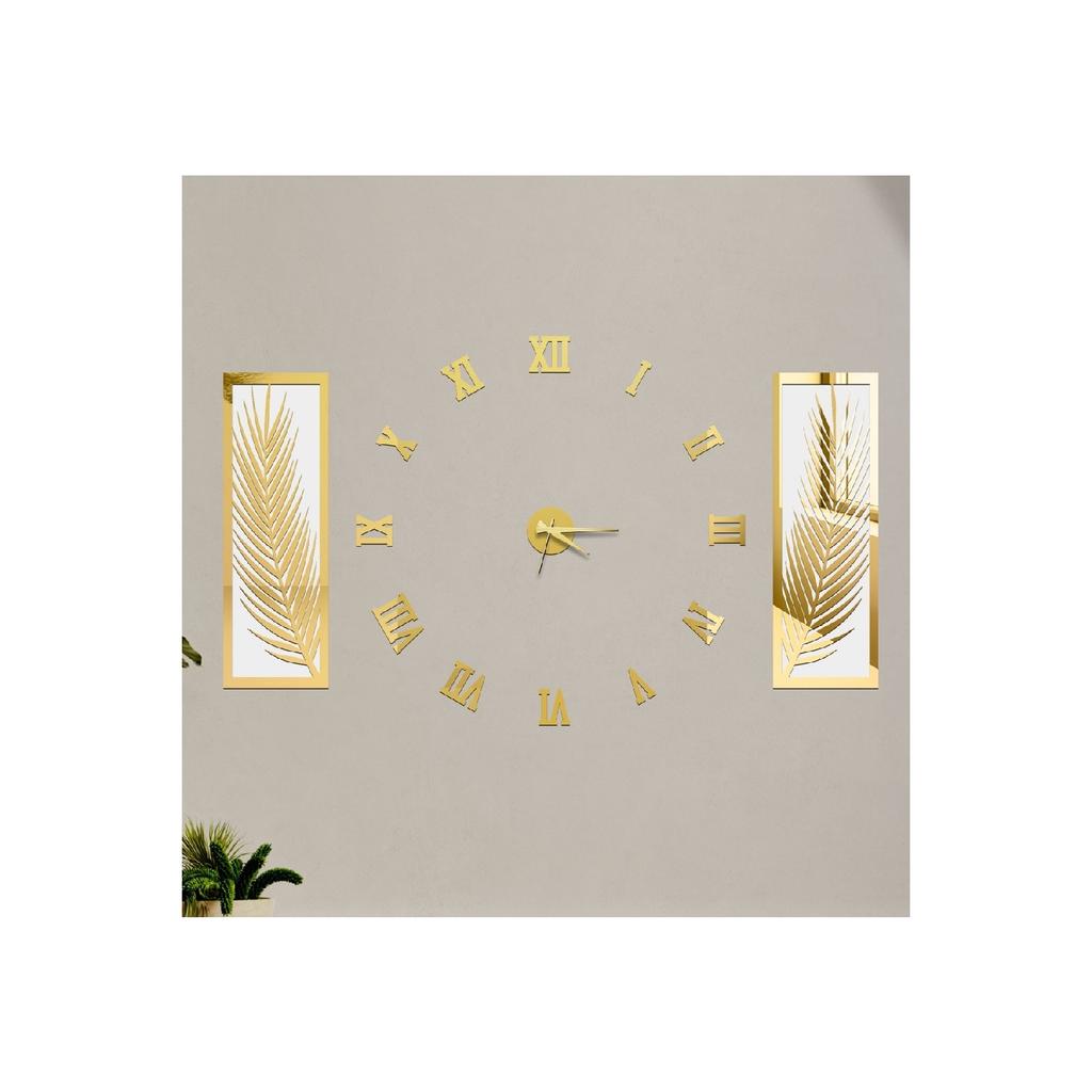3 Piece Wall Clock Set, Acrylic Plexiglass Mirrored Palm Leaves And Roman R. Clock