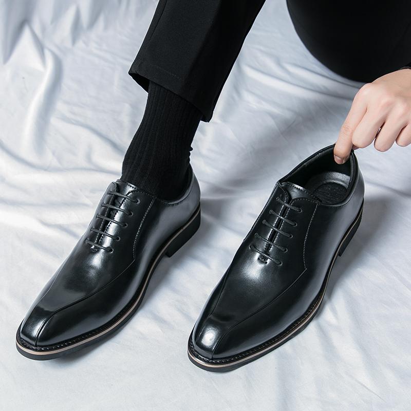 High-End Men's Brown Leather Shoes British Style Business Casual Heightening Spring Autumn Wear-Resistant Flat Heel Glue Bonding