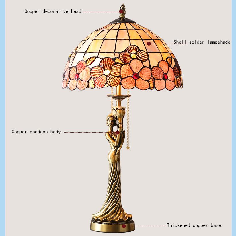 French Copper Dewaxed Copper Goddess Portrait Shell Table Lamp Creative European Copper Statue Living Room Decoration Copper Table Lamp