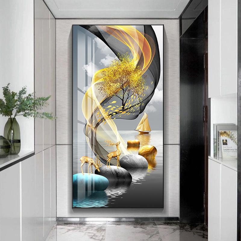 Modern Golden Rich Tree Canvas Painting Wall Art New Chinese Gold Deer Zen Stone Posters for Porch Wall Decoration Room Decor