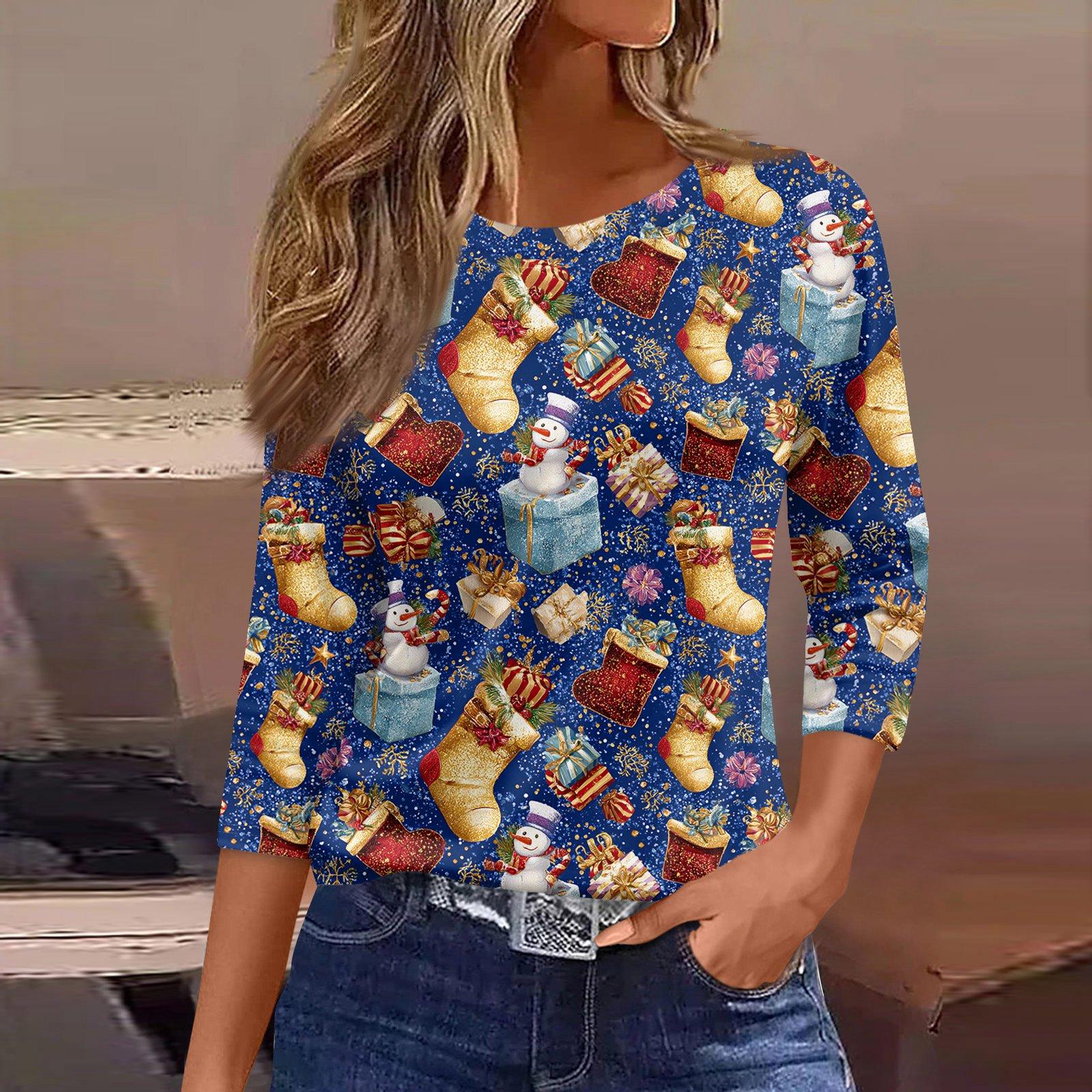 

3/4 Sleeve Shirts For Women Print Graphic Tees Blouses Casual Plus Size Basic Tops Pullover XL синій