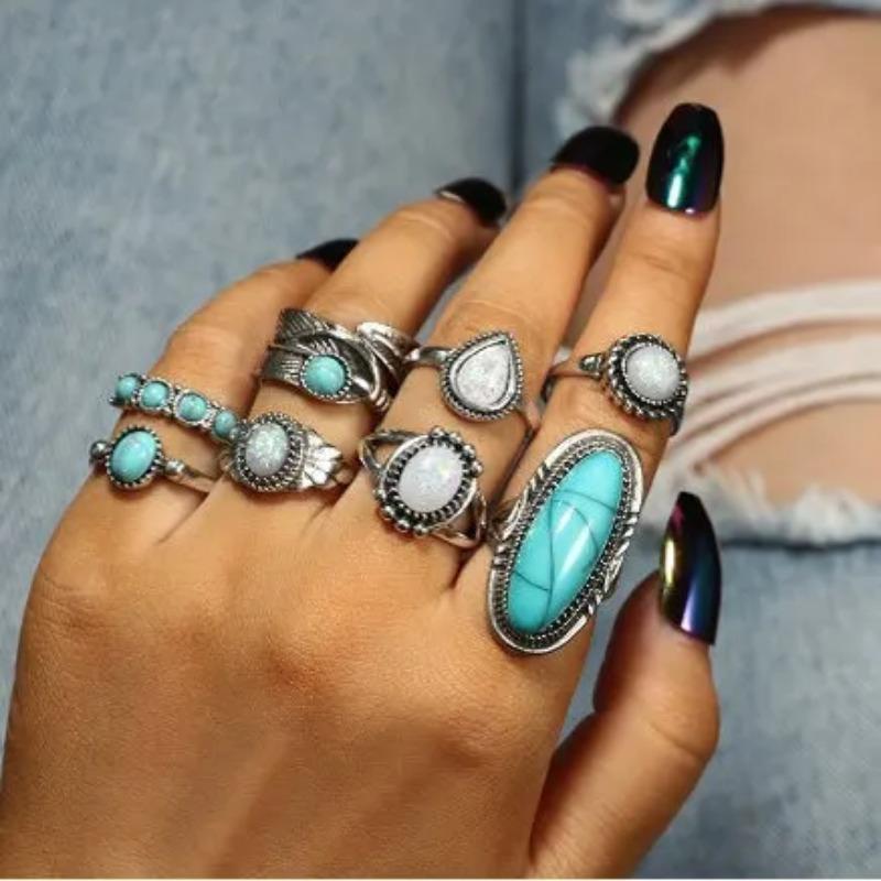 Retro Cactus Turquoise Ring Set 9pcs Faion Jewelry Accories Alloy Embedded Artificial Gemstone New Condition