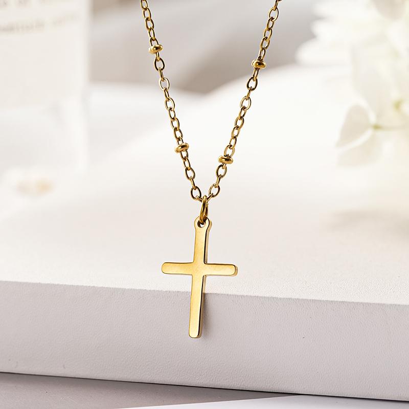 Huitan Simple Cross Pendant Necklace for Women Stainless Steel Party Fashion Daily Versatile Chain with Bead Wedding JewelryGood Product