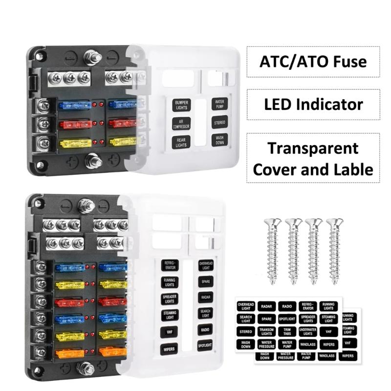 Fuses Block, 36V Fuses Box Holder with Waterproof Cover, Circuits Fuses Panel with Negative Bus for Car Boats