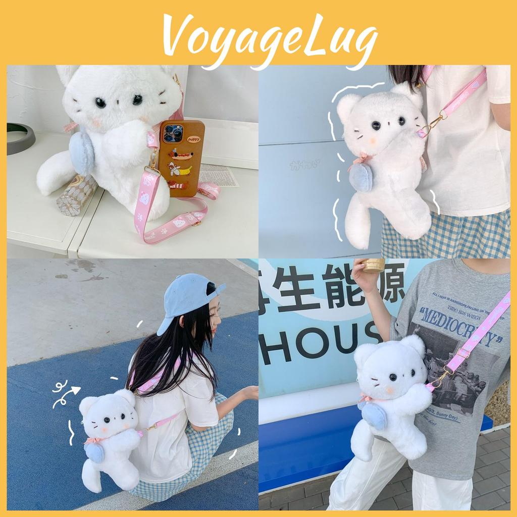 White Cute Scarf Cat Plush Doll Cartoon Shoulder Bag With Detachable Strap
