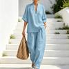 Completi Estivi da Relax a 2 Pezzi per Donna con Scollo a V, Manica Corta e Pantaloni a Gamba Larga, Set Casual per Viaggi e Vacanze