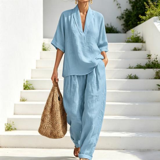 Completi Estivi da Relax a 2 Pezzi per Donna con Scollo a V, Manica Corta e Pantaloni a Gamba Larga, Set Casual per Viaggi e Vacanze