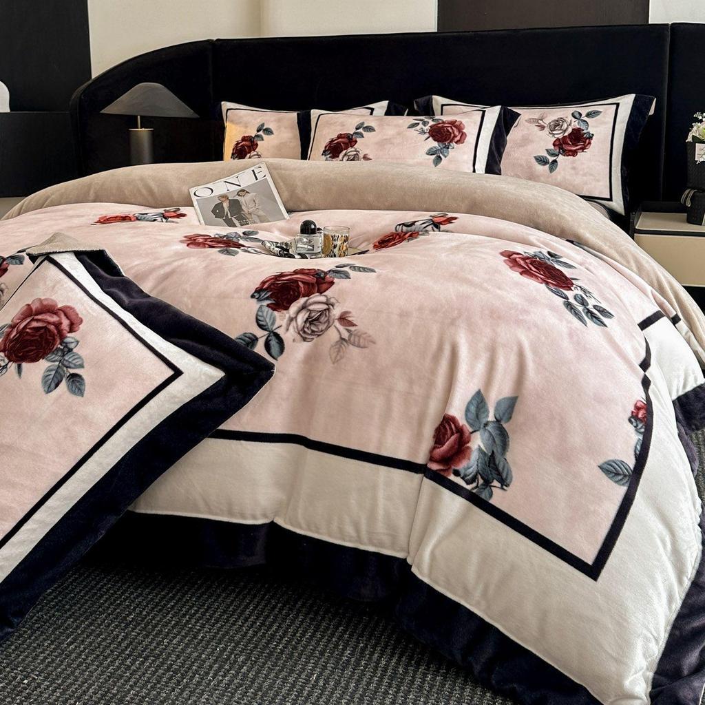 G5Z Französisches Retro Luxus Warmes Koralle Bettwäscheset - 4 Teile (Doppelseitige Bettwäsche & Bettbezug)