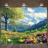 2D Spring Mountain Tapestry, Blooming Tulips & Snow Peaks for Home Decor