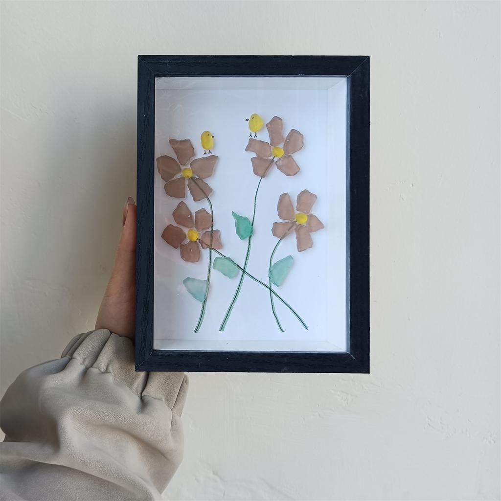 Sea Glass Flower And Bird Photo Frame, Home Desktop Decoration, Sea Glass Art Photo Frame Painting