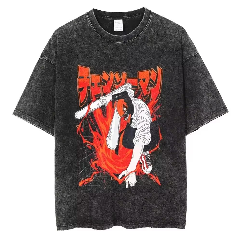 

Anime Chainsaw Washed Short Sleeved Round Neck Yk Tshirt Ropa Hombre Men Clothing New in Top Tees Mens New TShirt L