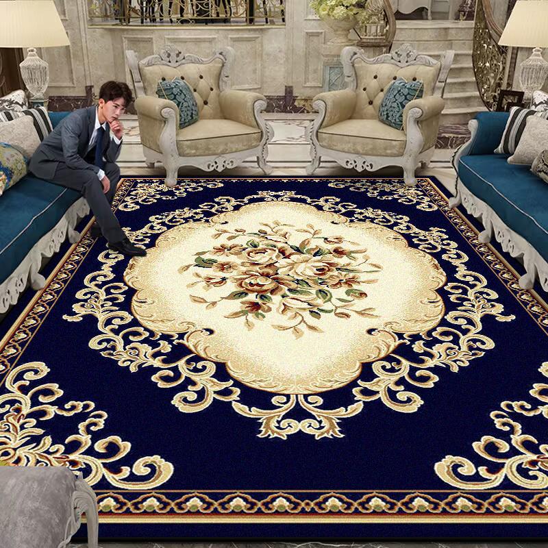 Luxury Large Living Room Rug Non-slip Flower Design Blue Sofa Table Mat Border Design Soft Lounge Rug Machine Washable Flannel