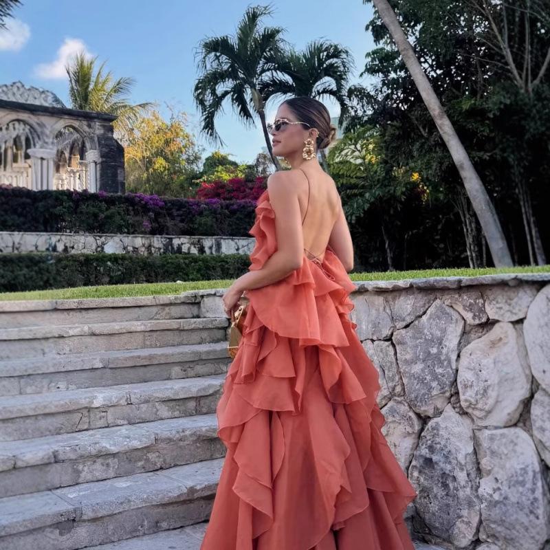 Rochie europeană americană pentru femei, multicoloră, stratificată, cu gât halter și imprimeu floral