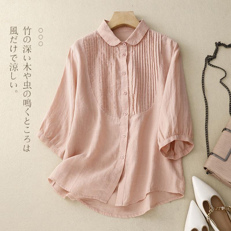 2025 Summer New Seven-quarter-sleeved Polo Neck Cotton and Linen Shirt Women's Retro Organ Pleated Solid Color Cardigan Top