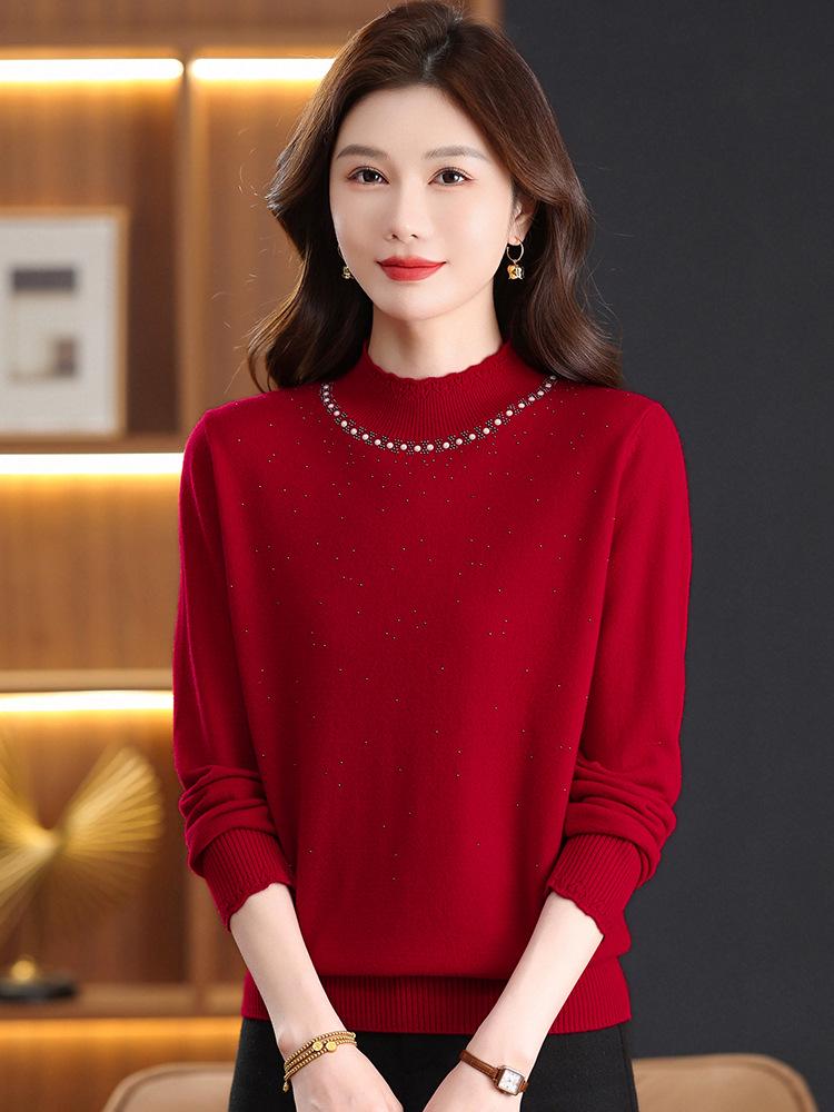 Women's 100% Wool Rhinestone Semi-High Neck Sweater – Fashionable Knitted Base Shirt for Autumn and Winter, Ideal for Middle-Aged and Elderly Mothers