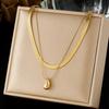 Gold Plated Layered Herringbone Chain Teardrop Pendant Necklace