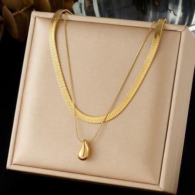 Gold Plated Layered Herringbone Chain Teardrop Pendant Necklace
