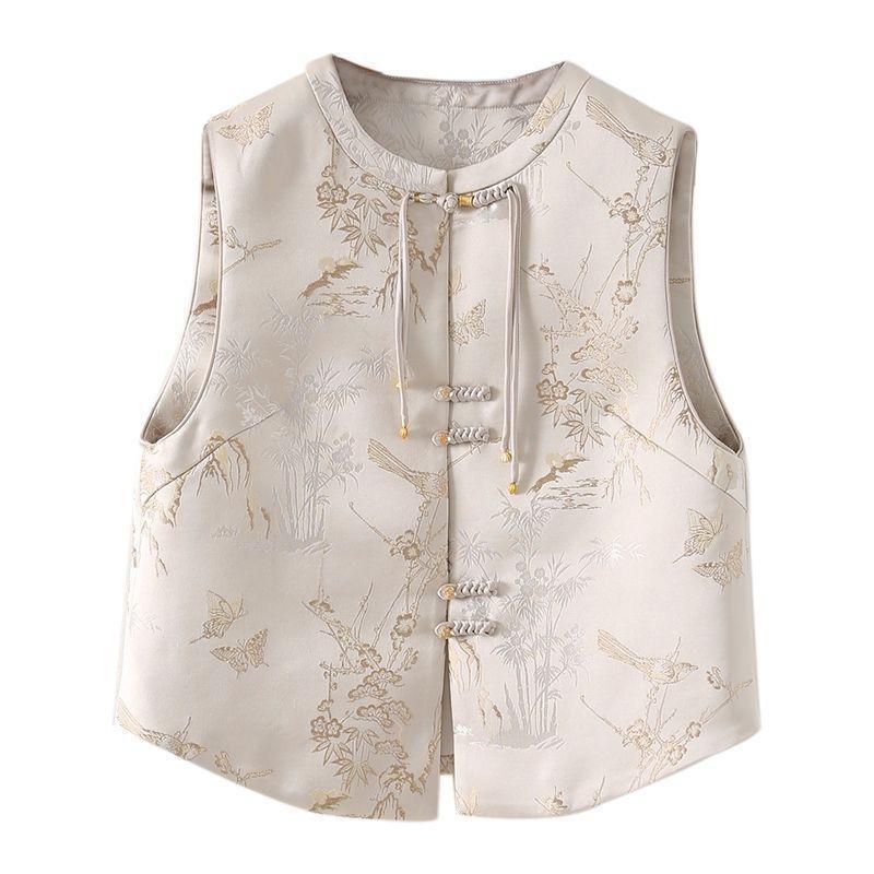 

2025 однотонный ретро антикварный вышитый жаккардовый жилет женский новый шикарный топ с пряжкой 3XL (recommended 138-75kg)