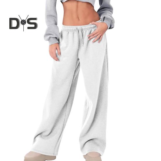 Women Sport Pants Mid-rise Elastic Waist Adjustable Drawstring Long Trousers Solid Color Wide Leg Autumn Winter Velvet Lining Trousers