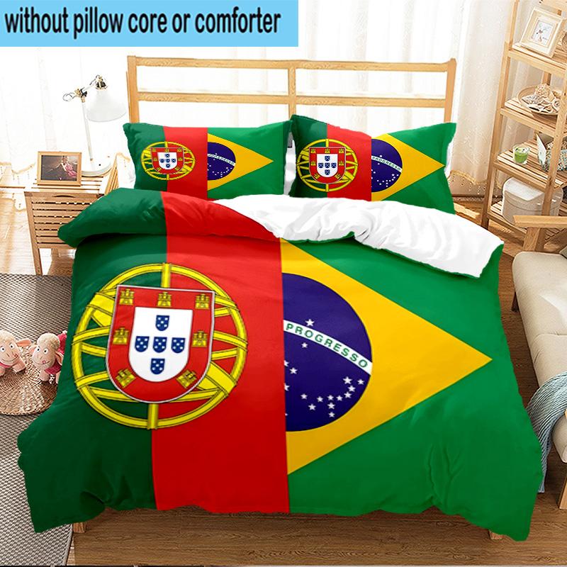 3PCS Flags Of Portugal And Brazil Bedding Set For Bedroom, Dormitory,Including 1pc Duvet Cover And 2pcs Pillowcases Large size Fan gift