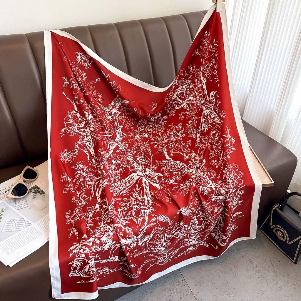 French Retro Women Printed Square Scarves Head Echarpes Twill Silk Foulards Femme Wraps Beach Shawls Bandana Lady Hijabs 90CM