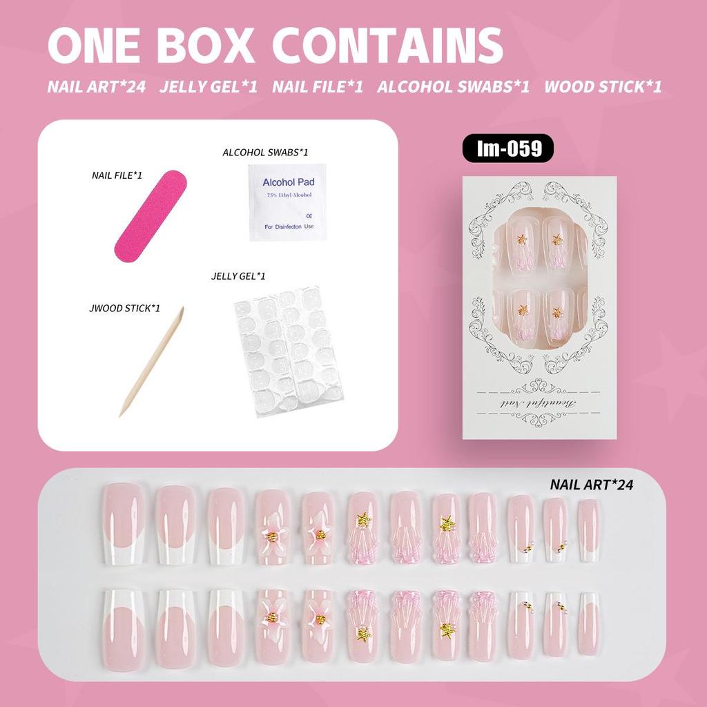 Gentle Pink 3D Flower French Nails with Starfish Gold Accents, Short Square - 24 Pieces