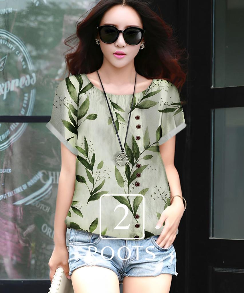 Second Roots Botanical Blouse with Floral and Leaf Short Decorative Summer Short Sleeve Loose Cut and Size Print, Sleeves, Buttons, Undershirt, Top,