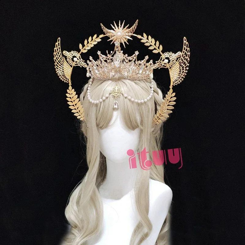 Lolita Angel Wings Gold Sun Leaves Spiked Sunburst Halo Crown Headpiece Goth Crystal Pearl Pendant Holy Crown Bride Wedding Gift