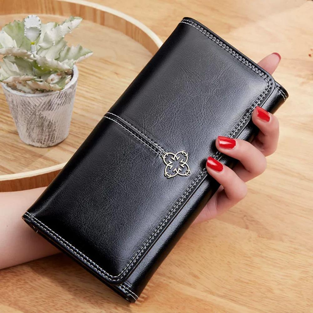 Vintage Fashion Oil Wax Leather Large Capacity Women's Long Wallets Clutch Multi-card Position Foldable Zipper Agraffe