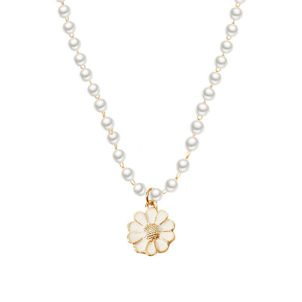 Elegant White Enamel Daisy Flower Pendant Necklace For Women Men Romantic Sunflower Floral Imitation Pearl Chain Choker Jewelry