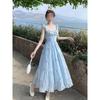 Blue suspender dress women's summer new seaside vacation super fairy three-dimensional flowers super beautiful gentle wind dress