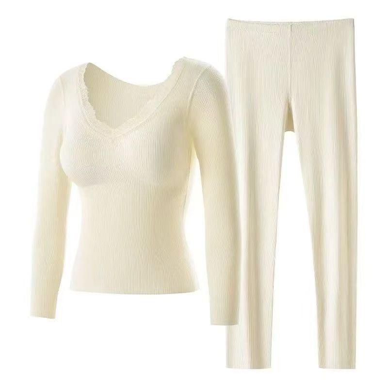 Women's Cashmere Silk Warm Set with Built-In Bra, Plus Velvet, Autumn/Winter 2025 Style, Base Layer Top Innerwear