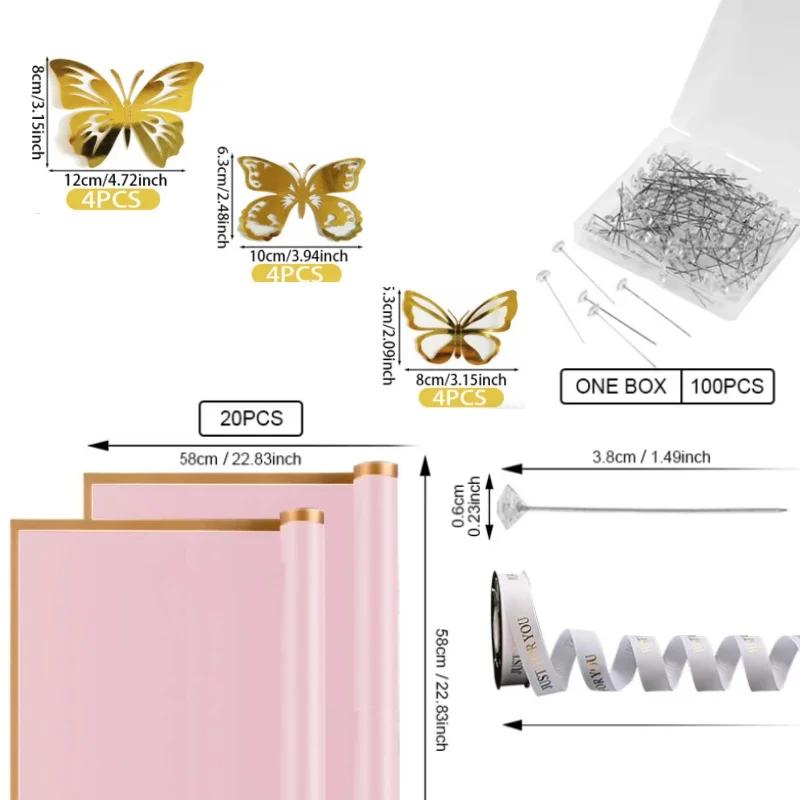 

20 листов упаковочной бумаги для цветов с лентой, водонепроницаемые флористические букеты, золотые бабочки, жемчужные булавки для упаковки букета своими руками розовый