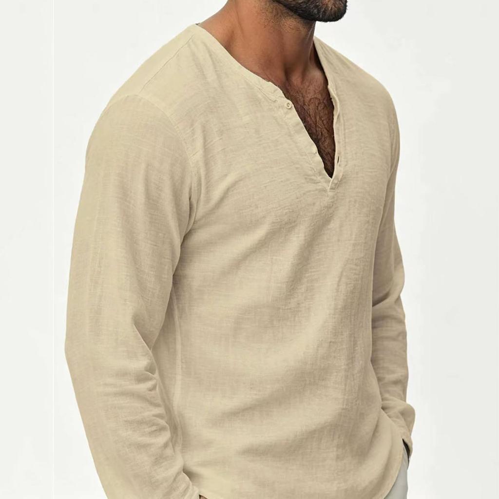 Men's Long Sleeve V-Neck Shirt, Casual Breathable Color Loose Fit Top for Spring Fall Beach
