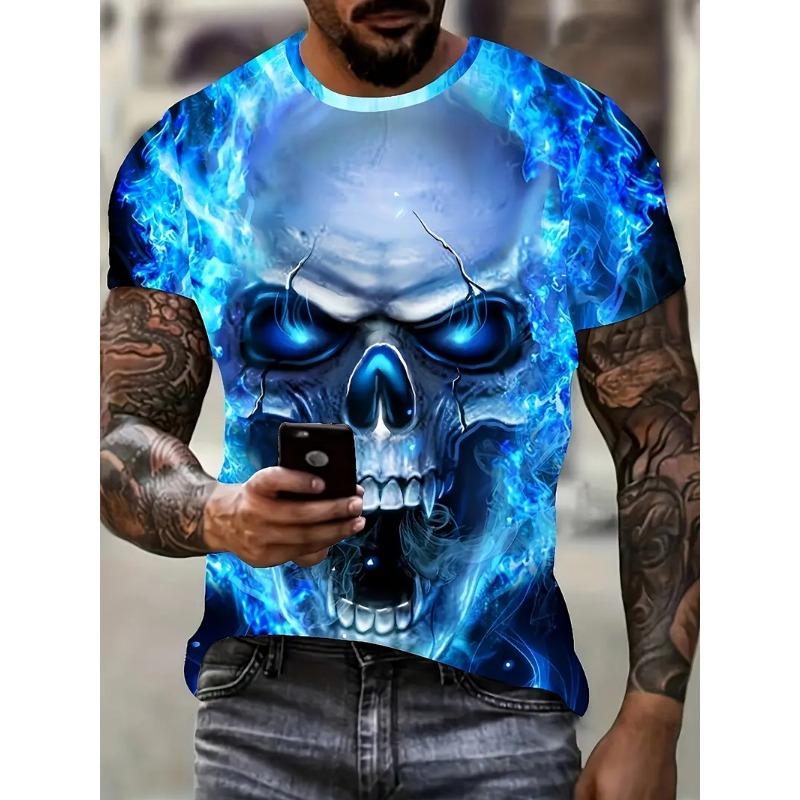 Large Men's Skull Pattern 3D Printed Men's Round Neck Short Sleeved T-shirt Summer Fashion T-shirt Casual and Comfortable Versatile Top