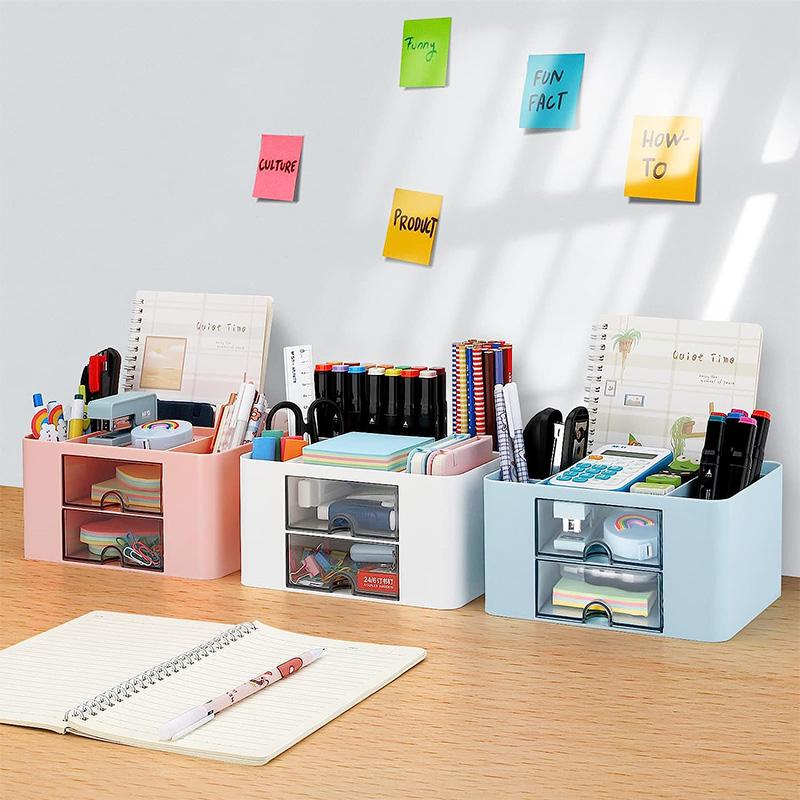 Desk Organizer With 2 Drawer, Plastic Desktop Pen Pencil Card Holder Storage Box For Desk Office Supplies Vanity Table Office