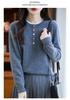 Women's 2025 Autumn/Winter 100% Wool Embroidered Sweater with Round Neck and Colorful Buttons
