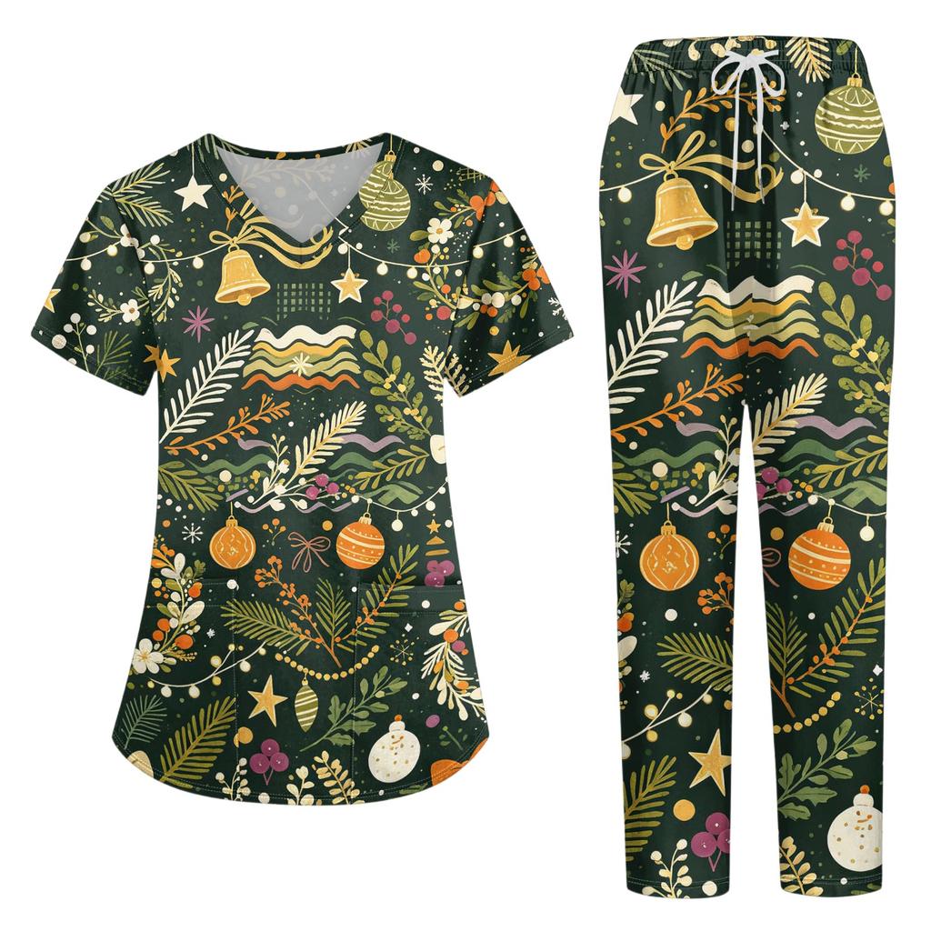 Women's V-Neck Short Sleeve Christmas Print Scrub Set with Pockets Two Piece Caregiver Work Uniform