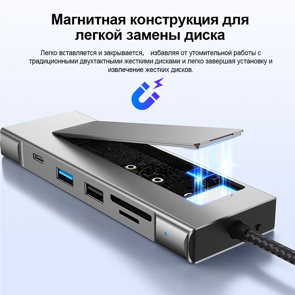 8 In 1 Type C Docking Station with Disk Storage Function USB 3.2 Hub 10Gbps M.2 NVMe SATA SSD Case Multi Adapter Card Reader USB C To HDMI Adapter