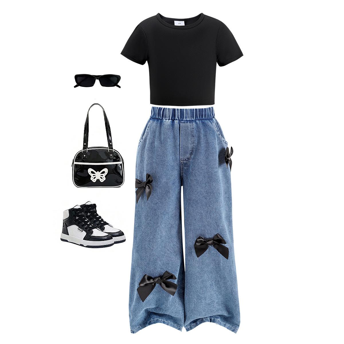 

Комплект одежды для девочек 2025 года, летняя детская повседневная черная футболка с короткими рукавами + длинные брюки с бантом 7Y чёрный