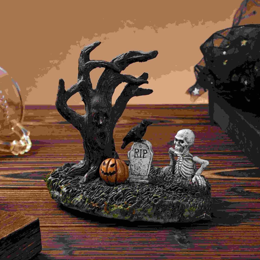 Halloween Statues Decor Tree Skull Pumpkin Crow Tombstone Ornaments Resin Gothic Statue Ornaments Decor for Indoor Home