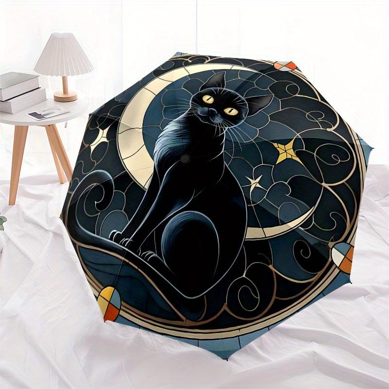 1pc Stained Glass Black Cat MoonUmbrella with Plastic Handle,Suitable for All Seasons Home Travel Outdoor UmbrellaB1574
