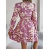 Women's Autumn/winter Casual Flower Lace-up Long Sleeve A-line Dress with Wooden Ear Trim