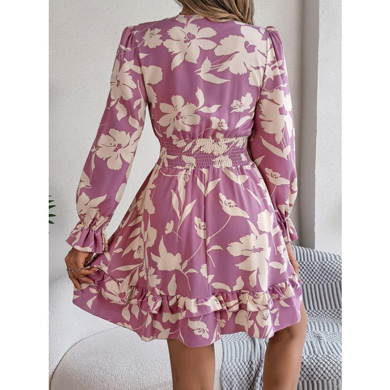 Women's Autumn/winter Casual Flower Lace-up Long Sleeve A-line Dress with Wooden Ear Trim