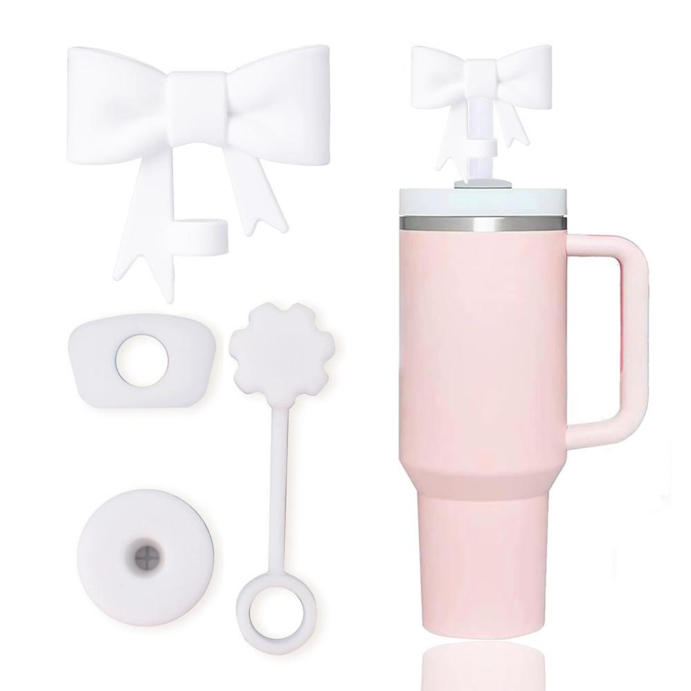 4Pcs Pink Bow Straw Covers Cap Toppers for Stanley Cup Accessories 30&40 oz Tumbler Reusable Silicone Spill Proof Stopper