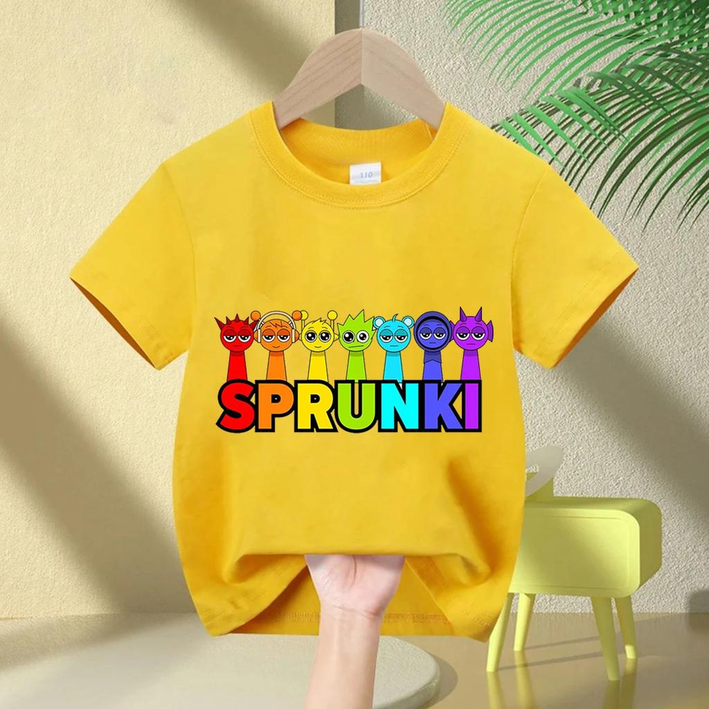 2026 summer short sleeved Sprunki cute and fashionable boy and girl comfortable round neck pure cotton short sleeved Tshirt