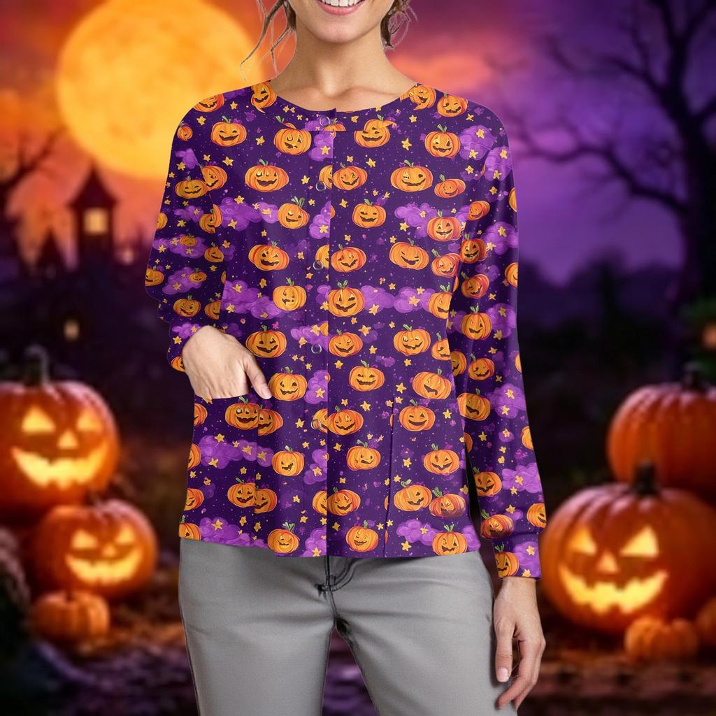 Women Casual Long Sleeve Single Breasted Cardigan Halloween Print Nurse Workwear Top Lightweight Button Up Shirt