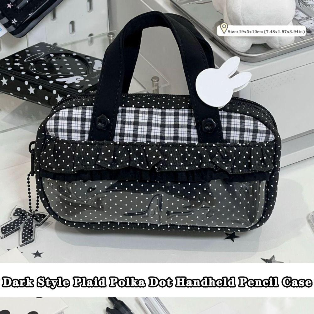 Handheld Pencil Case Plaid Polka Dot Stationery Bag Aesthetic Stationery Organizer Students