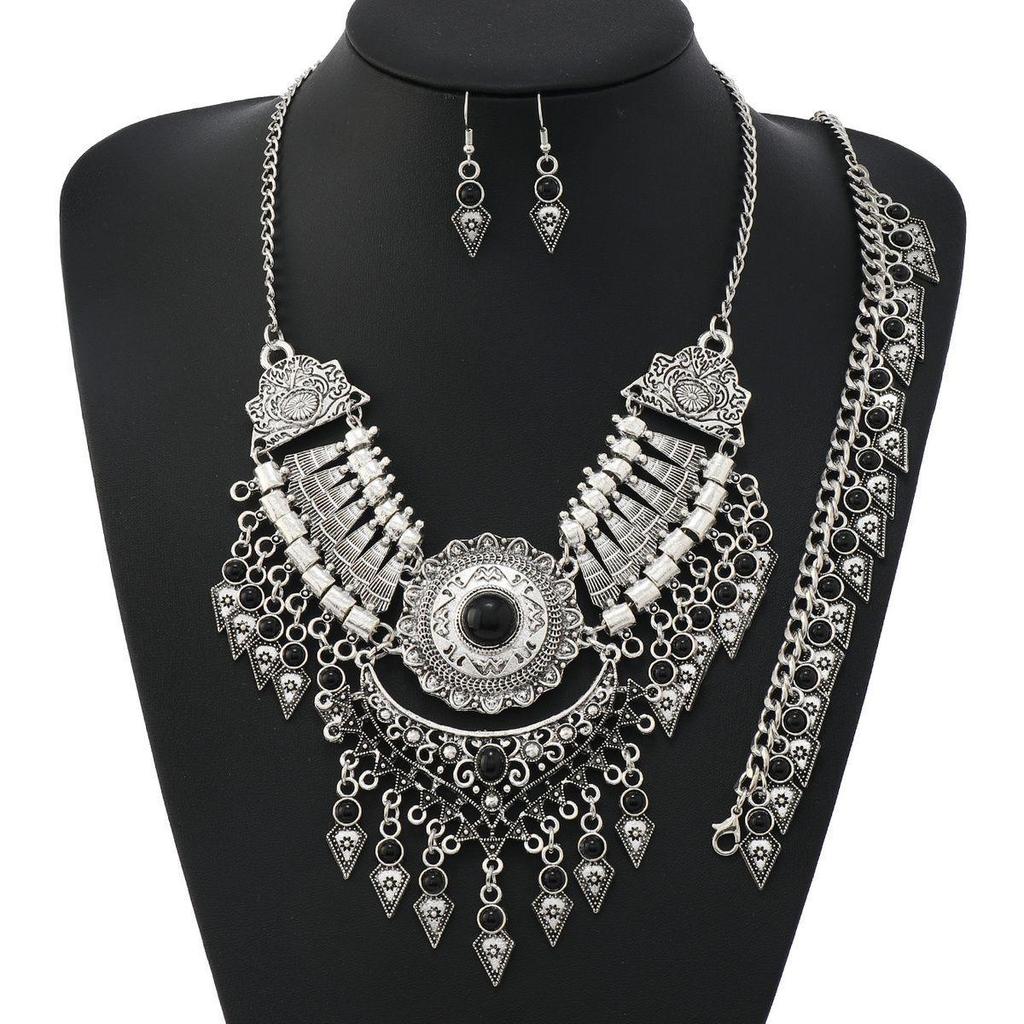 Tibetan Ethnic Tassel Jewelry Set: Necklace, Earrings, Bracelet & Sweater Chain