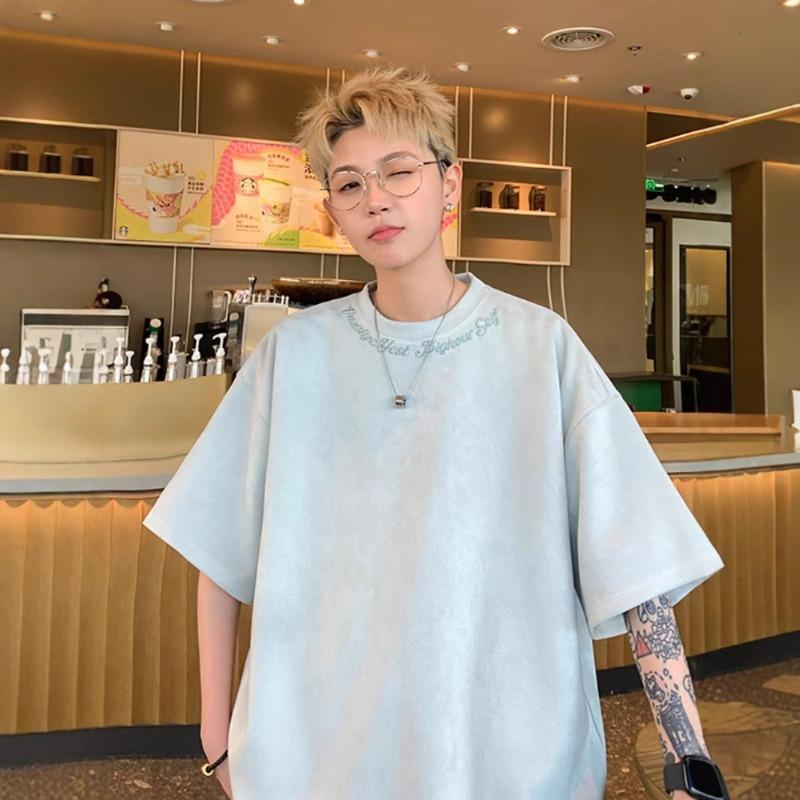Maillard Suede Short-Sleeved T-Shirt Men'S Summer Trendy Brand Embroidered Ruffian Handsome Inner Half-Sleeved Bottoming Shirt